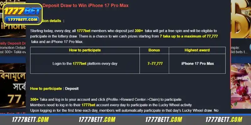 Details of the 1777Bet Daily Deposit Draw Offer