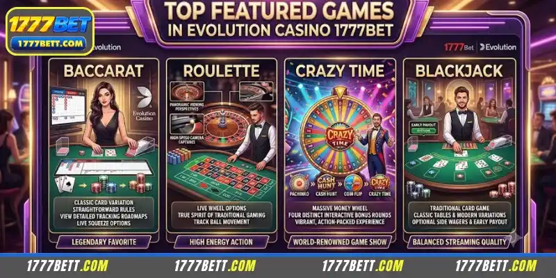 Games available at Evolution Casino 1777Bet